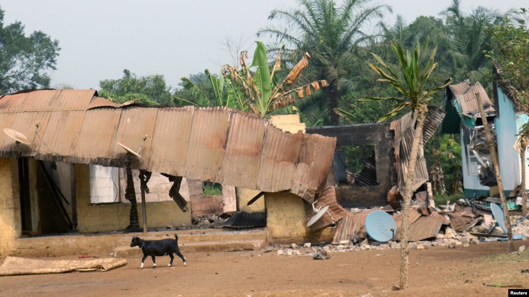 FILE - A goat walks past burned and damaged buildings in Kembong, Southwest region of Cameroon, Dec. 29, 2017.