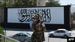 A member of the Taliban's Fateh, a special forces unit, stands guard outside the U.S. embassy in Afghanistan, now with a Taliban flag painted on in its outer concrete wall, in Kabul, Sept. 8, 2021. 