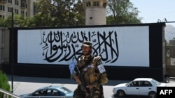 FILE - A member of the Taliban's Fateh, a special forces unit, stands guard outside the U.S. embassy in Afghanistan, now with a Taliban flag painted on its outer concrete wall, in Kabul, Sept. 8, 2021. 