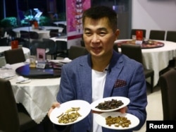 Restaurant owner Francis Ng shows the different types of worm and cricket ingredients that he will use for insect-based dishes at the House of Seafood restaurant in Singapore July 16, 2024. (REUTERS/Edgar Su)