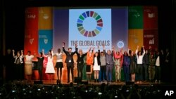 Speakers at the opening ceremony celebrate the adoption of the new Sustainable Development Goals during the 6th Annual Social Good Summit on Sunday, Sept. 27, 2015 in New York. An initiative of United Nations Foundation, Mashable, 