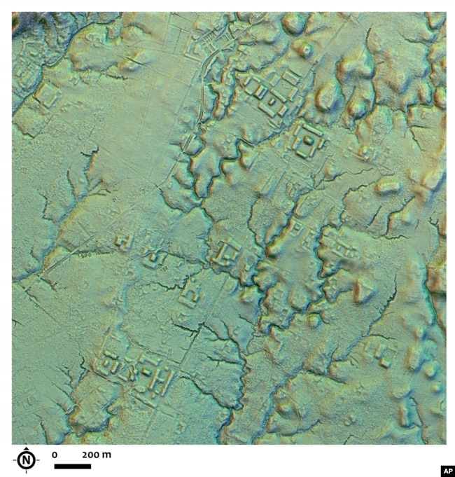 This LIDAR image provided by researchers shows a main street crossing an urban area, creating an axis along which complexes of rectangular platforms are arranged around low squares at the Copueno site, Upano Valley in Ecuador. (Antoine Dorison, Stéphen Rostain via AP)