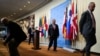 U.N. Secretary-General Antonio Guterres, center, leaves after speaking to the media at United Nations headquarters in New York on April 5, 2024, ahead of the six-month mark of the Israel-Hamas war.