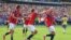 Jul 5, 2026; East Rutherford, New Jersey, USA; Norway forward Erling Haaland (9) celebrates with teammates after scoring his teams first goal of the match against Brazil during a Round of 16 match