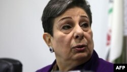 FILE - Palestine Liberation Organization (PLO) executive committee member Hanan Ashrawi speaks during a press conference in Ramallah, Feb. 24, 2015.