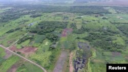 An aerial view of the ancient Maya Aguada Fenix site in Mexico's Tabasco state, with causeways and reservoirs in the front and the Main Plateau in the back, is seen in this image released on June 3, 2020. (Takeshi Inomata/Handout via REUTERS)