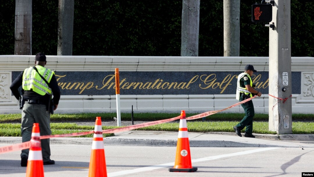 Law enforcement officers work after reports of shots fired outside Republican presidential nominee and former U.S. President Donald Trump's Trump International Golf Course in West Palm Beach, Florida, Sept. 15, 2024.