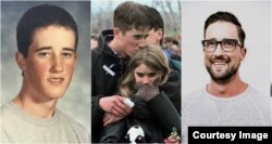 Austin Eubanks (from left) Before the shooting, after Columbine, and today in an image from his website.