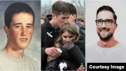 Austin Eubanks (from left) Before the shooting, after Columbine, and today in an image from his website. 