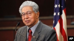 FILE - Sen. Daniel Akaka, D-Hawaii, speaks during a news conference on Capitol Hill in Washington, Feb. 16, 2011. Akaka died April 5, 2018, at age 93.