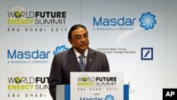 Pakistan's President Asif Ali Zardari speaks during the World Future Energy Summit at the Abu Dhabi National Exhibition Centre Jan 17, 2011