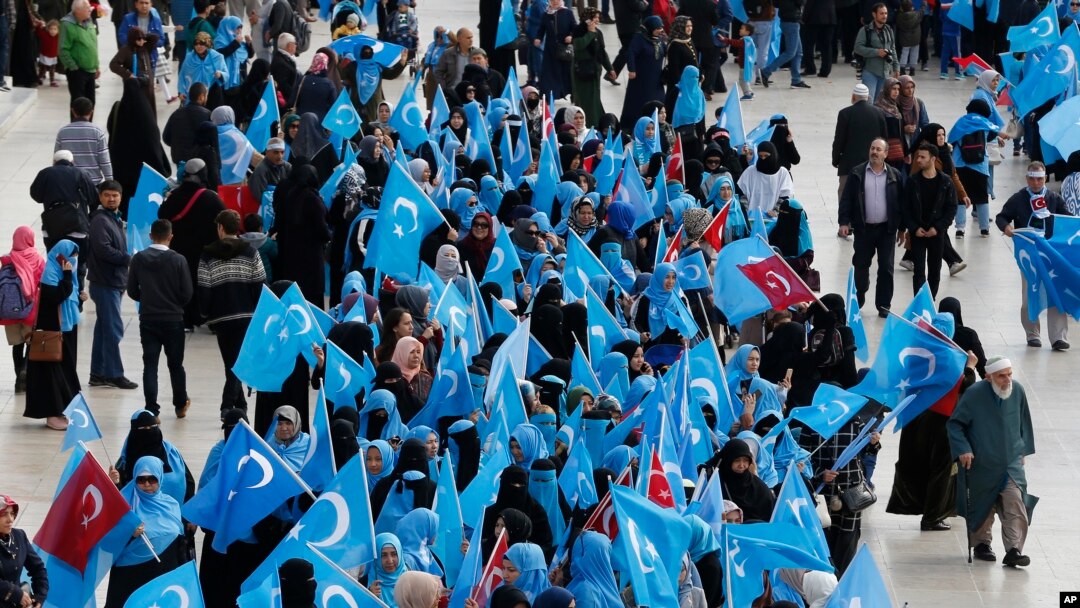 People from the Uighur community living in Turkey carry flags of what ethnic Uighurs call 'East Turkestan', during a protest in Istanbul, Tuesday, Nov. 6, 2018, against what they allege is oppression by the Chinese government to Muslim Uighurs in far-western Xinjiang province. 