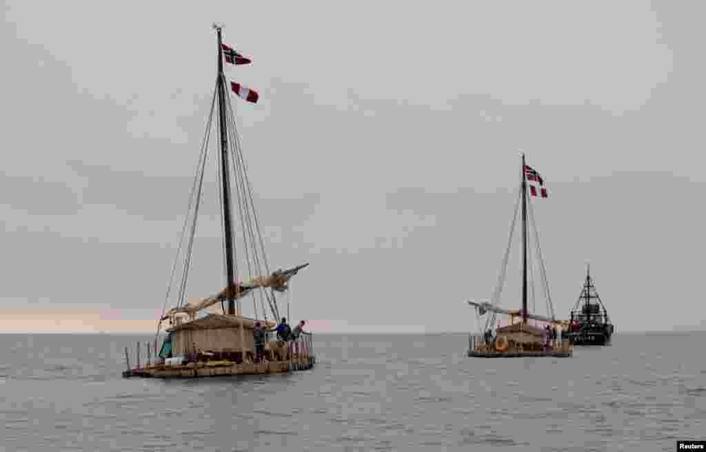 Two wooden rafts of the Kon-Tiki2 expedition depart from Peru&#39;s Callao Naval Shipyard, Nov. 7, 2015. A team of explorers departed by raft from Peru on an 8,000-kilometer (5,000 mile) journey destined for Easter Island and Valparaiso, Chile. They expect the mammoth journey to take approximately four months to complete with the first leg from Lima to Easter Island to take about six weeks.