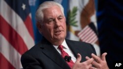 Secretary of State Rex Tillerson participates in a conversation with Wilson Center President and CEO Jane Harman at the Wilson Center in Washington, Nov. 28, 2017.