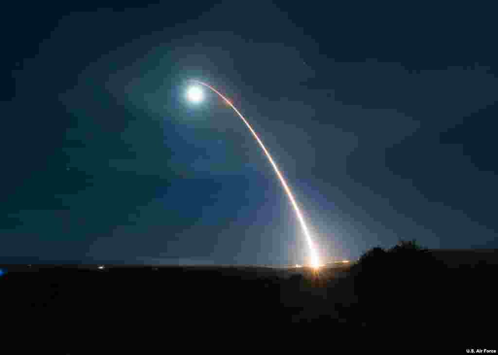 An unarmed Minuteman III intercontinental ballistic missile launches during a developmental test at Vandenberg Air Force Base, California, Feb. 5, 2020. (Credit: U.S. Air Force photo by Senior Airman Clayton Wear)
