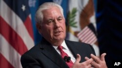 Secretary of State Rex Tillerson participates in a conversation with Wilson Center President and CEO Jane Harman at the Wilson Center in Washington, Nov. 28, 2017.