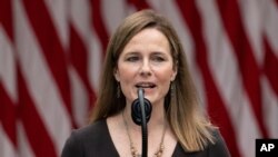 Judge Amy Coney Barrett speaks after President Donald Trump announced her as his nominee to the Supreme Court, in the Rose Garden at the White House, Sept. 26, 2020, in Washington. 