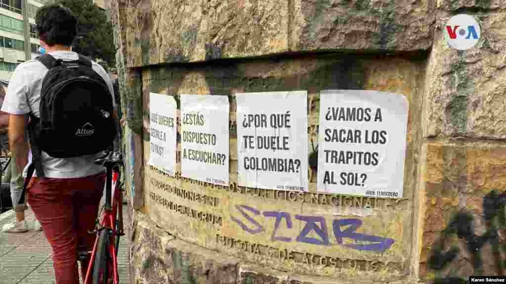Cuestionamientos y reclamos en las paredes del Parque Nacional, en Bogot&#225;. [Foto Karen S&#225;nchez/VOA].