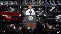 Tổng thống Barack Obama phát biểu tại nhà máy lắp ráp của hãng Ford, ngày 7/1/2015.