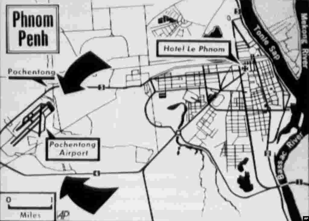 The Khmer Rouge claim their forces have penetrated to the heart of Phnom Penh, Cambodia, and occupied the temple of Wat Phnom, the cities spiritual heart on Thursday, April 17, 1975. (AP Photo)