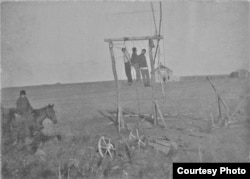 This grim photo shows three Native American men, Paul Holytrack, Alex Cadotte and Philip Ireland, who were lynched for their suspected role in the murder of a white family. Courtesy: State Historical Society of North Dakota, Emmons County Historical Socie