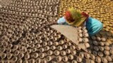 A woman puts out earthen lamps to dry in the sun at her workshop ahead of the Hindu festival of Diwali in the northern Indian city of Chandigarh. 