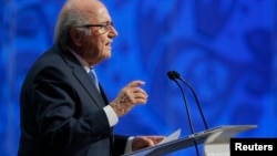 FIFA President Sepp Blatter addresses during the preliminary draw for the 2018 FIFA World Cup at Konstantin Palace in St. Petersburg, Russia July 25, 2015. 