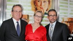 Tommy Lee Jones, left, Meryl Streep and Steve Carell, right, at the premiere of the Columbia Pictures film "Hope Springs," at the SVA Theatre in New York, Aug 6, 2012.