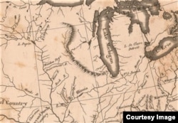 “Illinois,” “Huron,” “Sangamon River,” “Wisconsin,” “Michigan” are just a few Native American place names that can be seen in this detail from an 18th Century Map of North America by French military explorer George Henri Victor Collot. Courtesy, John Cart