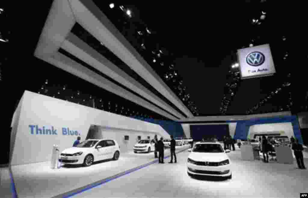 The Volkswagen exhibit is shown at the North American International Auto Show in Detroit, Tuesday, Jan. 11, 2011. (AP Photo/Paul Sancya)