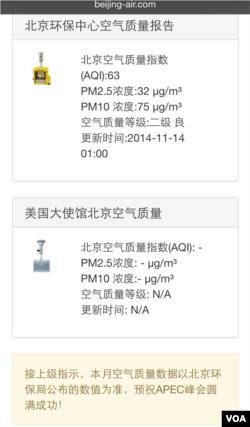 官方环境网站Beijing-air.com发布通知称“接上级指示，本月空气质量数据以北京环保局公布的数值为准。”（手机屏幕截图）