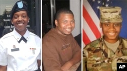 FILE - Photo shows from left to right, Spc. Kennedy Sanders, Sgt. William Jerome Rivers and Spc. Breonna Alexsondria Moffett. The three U.S. Army Reserve soldiers from Georgia were killed by a drone strike January 28, 2024, on their base in Jordan near the Syrian border.