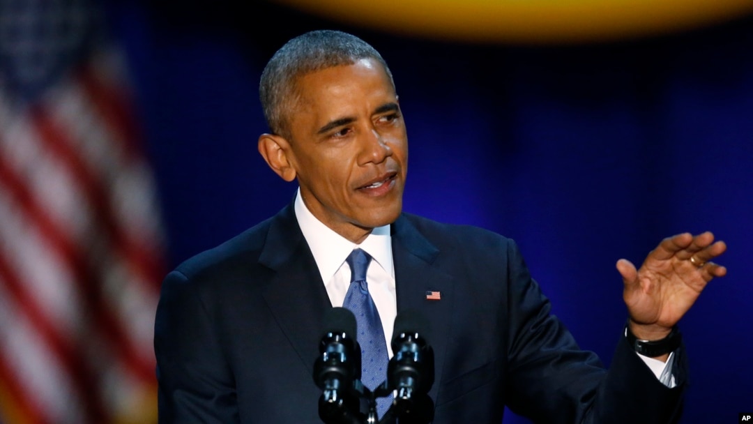 President Barack Obama speaks at McCormick Place in Chicago, giving his presidential farewell address, Jan. 10, 2017.