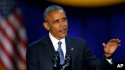 President Barack Obama speaks at McCormick Place in Chicago, giving his presidential farewell address, Jan. 10, 2017.