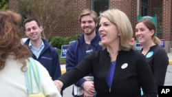 FILE - Kathleen Matthews, current chair of the Maryland Democratic Party, as she was running in the Democratic primary for Maryland's 8th Congressional District, in Chevy Chase, Md., Apr. 21, 2016. 