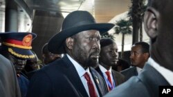 South Sudan's President Salva Kiir arrives for the opening session of the 33rd African Union (AU) Summit at the AU headquarters in Addis Ababa, Ethiopia, Feb. 9, 2020.