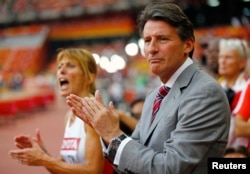 FILE - IAAF President Sebastian Coe pictured at the organization's World Championships in Beijing, Aug. 29, 2015, says drug testing of Russian athletes "is still far too limited."