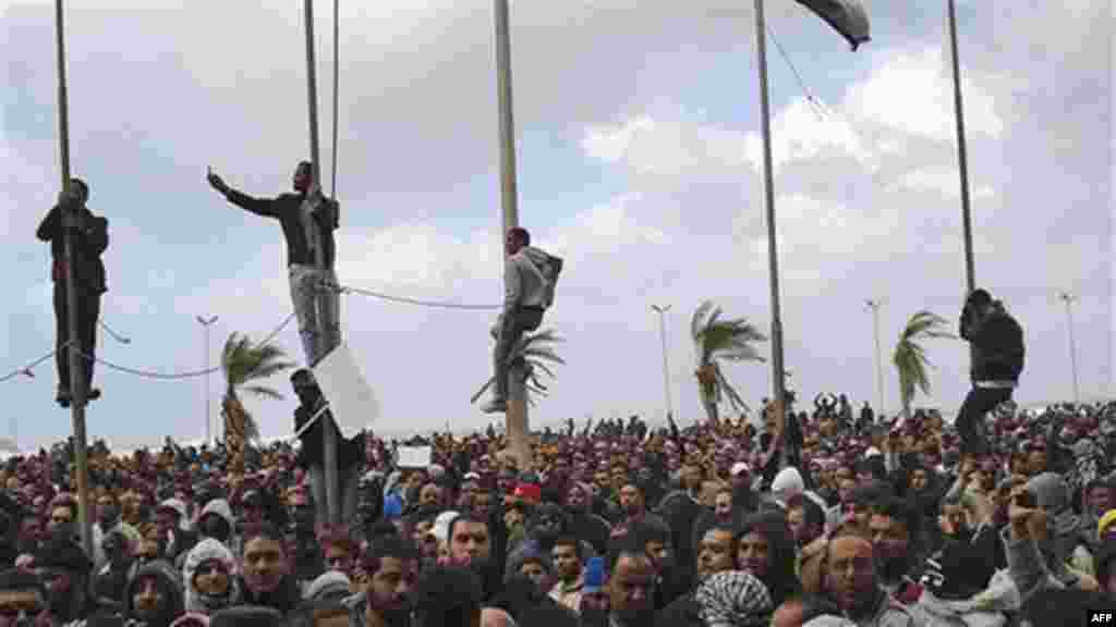 This photograph, obtained by The Associated Press outside Libya and taken by an individual not employed by AP, shows people gathering during recent days' unrest in Benghazi, Libya. (AP Photo) EDITOR'S NOTE: THE AP HAS NO WAY OF INDEPENDENTLY VERIFYING THE