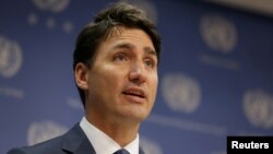 FILE - Canadian Prime Minister, Justin Trudeau, speaks during a news conference at U.N. headquarters during the General Assembly of the United Nations in Manhattan, New York, Sept. 26, 2018. 