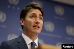 FILE - Canadian Prime Minister, Justin Trudeau, speaks during a news conference at U.N. headquarters during the General Assembly of the United Nations in Manhattan, New York, Sept. 26, 2018.