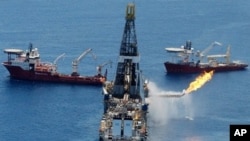 The Transocean Discoverer Enterprise drillship burns off gas collected at the BP Deepwater Horizon oil spill n the Gulf of Mexico off the coast of Louisiana, 25 Jun 2010