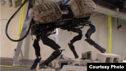 Boston Dynamics robot BigDog is seen climbing over a pile of rubble. The company was recently bought by tech giant Google for an undisclosed amount. (Boston Dynamics)