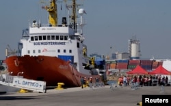 The Aquarius rescue ship arrives to port carrying hundreds of migrants, in Valencia, Spain, June 17, 2018.