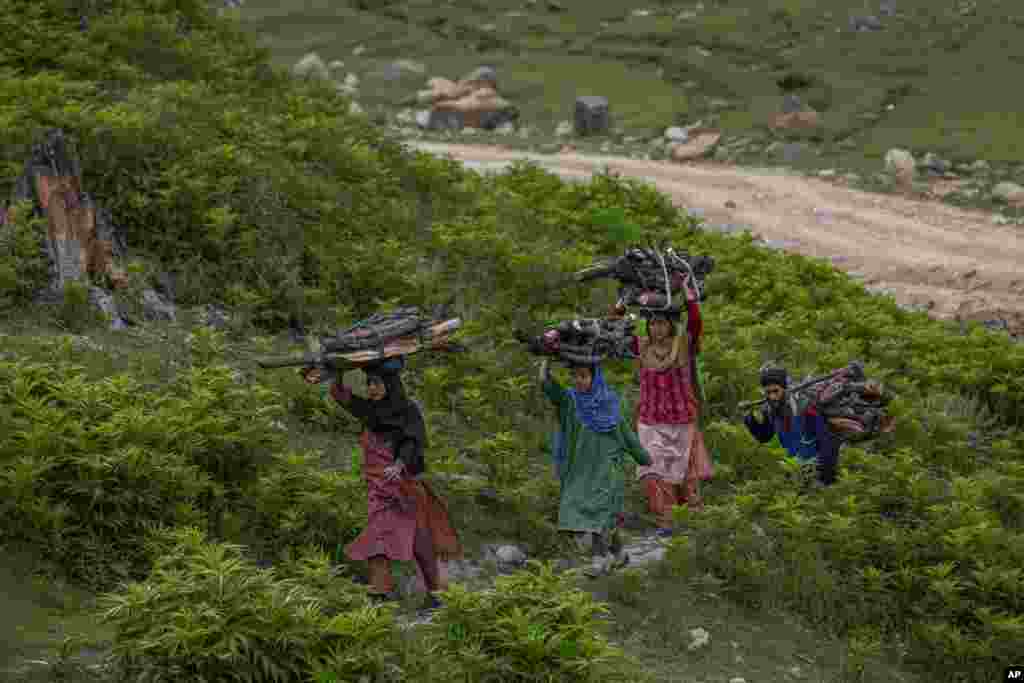 Villagers carry firewood in Tosamaidan, southwest of Srinagar, Indian-controlled Kashmir, June 21, 2021.