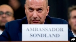 Gordon Sondland, U.S. Ambassador to the European Union, appears before the House Intelligence Committee on Capitol Hill in Washington, Nov. 20, 2019, during an impeachment hearing.