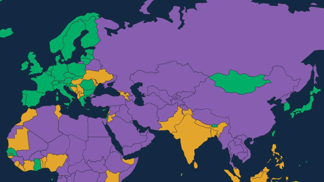 AQShda asoslangan "Ozodlik uyi" dunyo bo'ylab erkinlik darajasini kuzatib, yillik hisobotini chiqaradi. Siyohrangdagi mamlakatlar "erkin emas" deya baholangan. Yashil rangdagilar esa "erkin". Markaziy Osiyoda biror jamiyat erkin emas, deb topilgan. Yillardan beri shunday. 