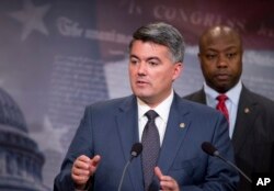 FILE - Sen. Cory Gardner, R-Colo., left, with Sen. Tim Scott, R-S.C., speaks to reporters, Nov. 5, 2015, during a news conference on Capitol Hill in Washington.