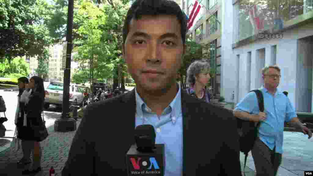 VOA Khmer&#39;s Sophat Soeung doing a standup in from of the Center for Strategic and International Studies in Washington, DC, June 23, 2014.