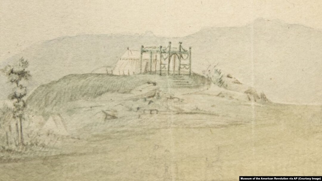This watercolor painting is the only known wartime depiction of George Washington's army command center tent during the Revolutionary War.