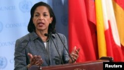 U.S. ambassador to the United Nations Susan Rice speaks with the media after Security Council consultations at U.N. headquarters in New York, June 7, 2012.